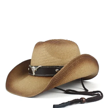 Vrouwen Mannen Holle Western Cowboy Hoed Lady Zomer Stro Bull Hoofd Sombrero Hombre Strand Cowgirl Jazz Zon Hoed Maat 57-59CM