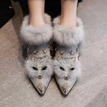 Vrouwen Rabbit Fur Sneeuw Laarzen van de Herfst-Winter Mode Dames Metalen Puntige Teen Schoenen Vrouwelijke Pluche Dikke Hak enkellaarsjes met Hoge hakken
