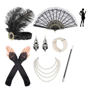 Vrouwen Vintage Gatsby Veren Hoofdband 1920s Flapper Kostuum Accessoires Set Sigaret Houder Parel Ketting Oorbel Set Handschoenen