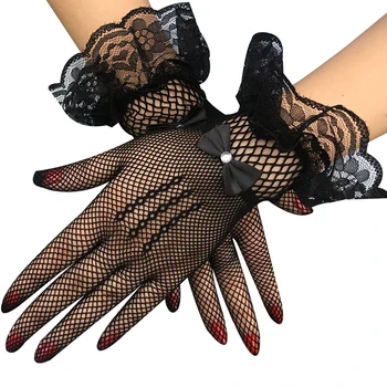Vrouwen Zwart Wit Mesh Visnet Handschoenen Elegante Dames Korte Kant Handschoenen Zomer Uv-Proof Drijvende Handschoenen Volledige Vinger Wanten