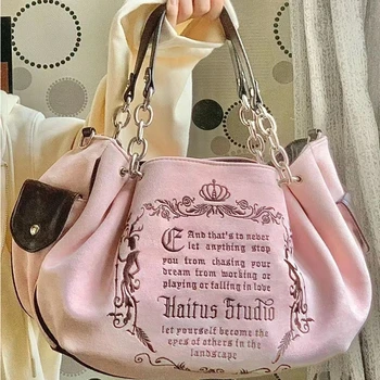 Y2K Vrouwen Roze Vintage Gotische Tote Bag Esthetische Grote Capaciteit Borduurwerk Brief Retro Dames Grunge-Keten Reizen schoudertassen