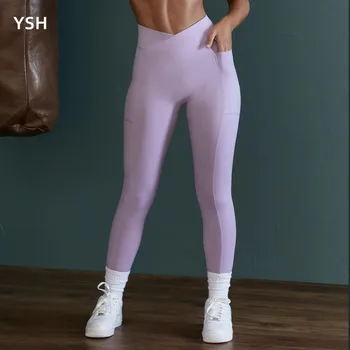YUSHUHUA Sexy Kruis Taille Training Fitnessruimte Broek Panty ' s V Cut Kont Kneed Sport Yoga Legging Met Kant Pocket Zonder Front Naad