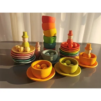 Zintuiglijke Houten Montessori Speelgoed Regenboog Pastel Sorteren Kommen Gerechten met Ballen Eikels voor de Kids Spelen
