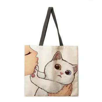 Zoenen kat casual tassen linnen zak herbruikbare boodschappentas outdoor beach bag casual tassen