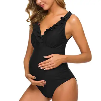 Zwangere Vrouw in Sexy Badpak Maternity Effen Backless Bikini ' s Falbala Roes Beachwear Nieuwe Zomer Vrouwen uit Één stuk Zwemmen Pak
