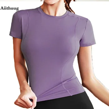 Aiithuug Korte Mouwen Yoga Shirts T-Shirt Workout Quick Dry Soft Tops Comprimeren Sport T-Shirt Eenvoudige Elastische Crop Top